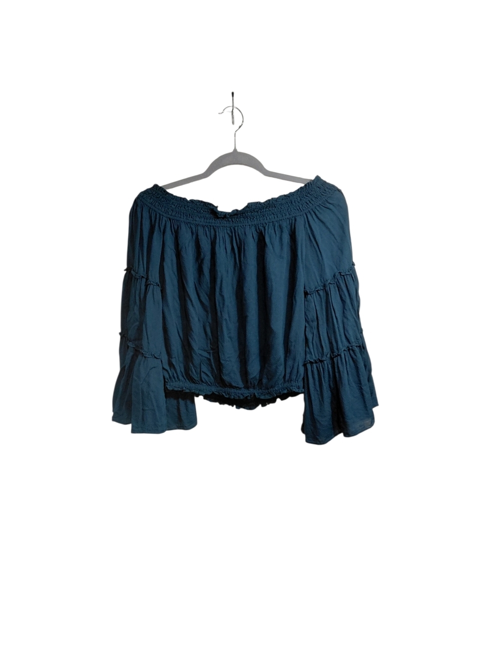 Free People Teal Blue Off-Shoulder Tiered Crop Top - Picture 2 of 5